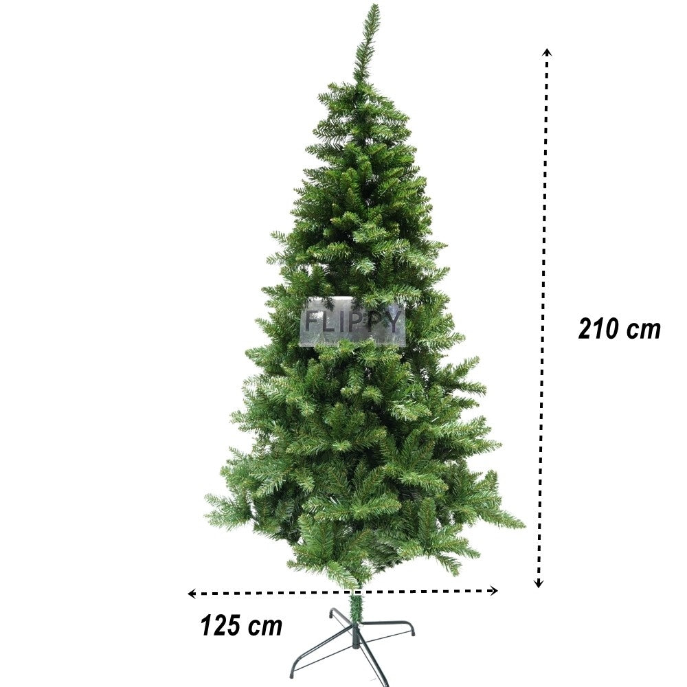 Brad artificial de Craciun, clasic, pentru interior/exterior, inaltime 210 cm, diametru 125 cm, 957 ramuri, verde, suport metalic inclus