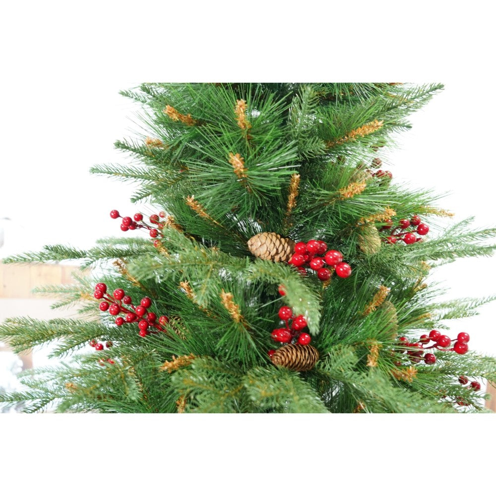 Brad artificial de Craciun, decorat cu conuri pin rosii, pentru interior/exterior, inaltime 210 cm, diametru 142 cm, 767 ramuri, verde, suport metalic inclus