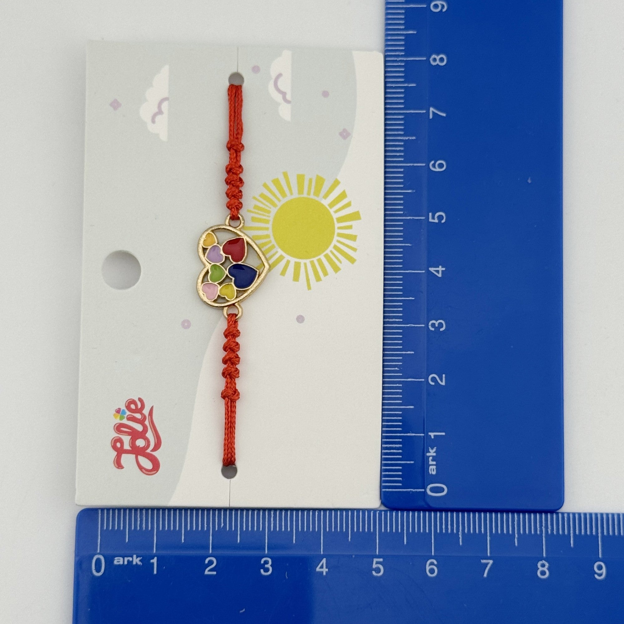 Bratara pentru Copii, cu Impletitura Snur Rosu, Model Inima Multicolora, Multicolor