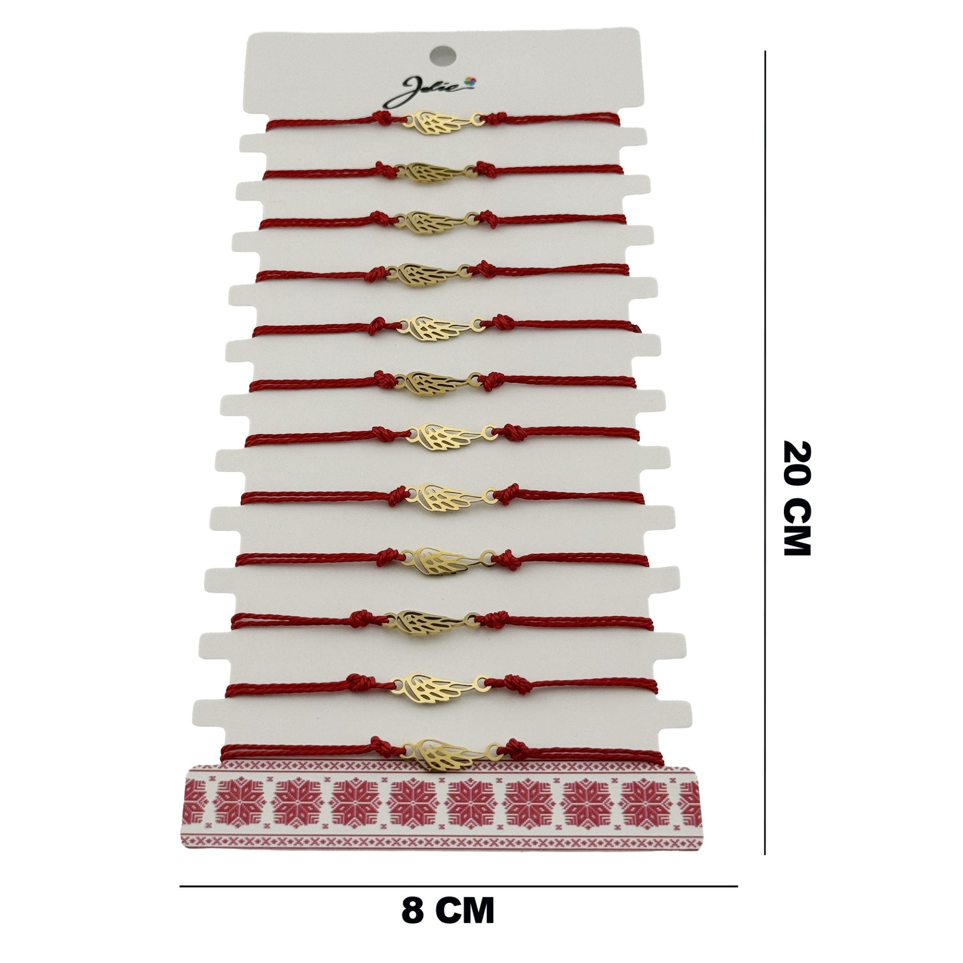 Bratara Martisor pentru Dama, Model Aripa, Set 12 bucati, Pandativ din Inox Auriu, Snur Ajustabil Impletit, Rosu
