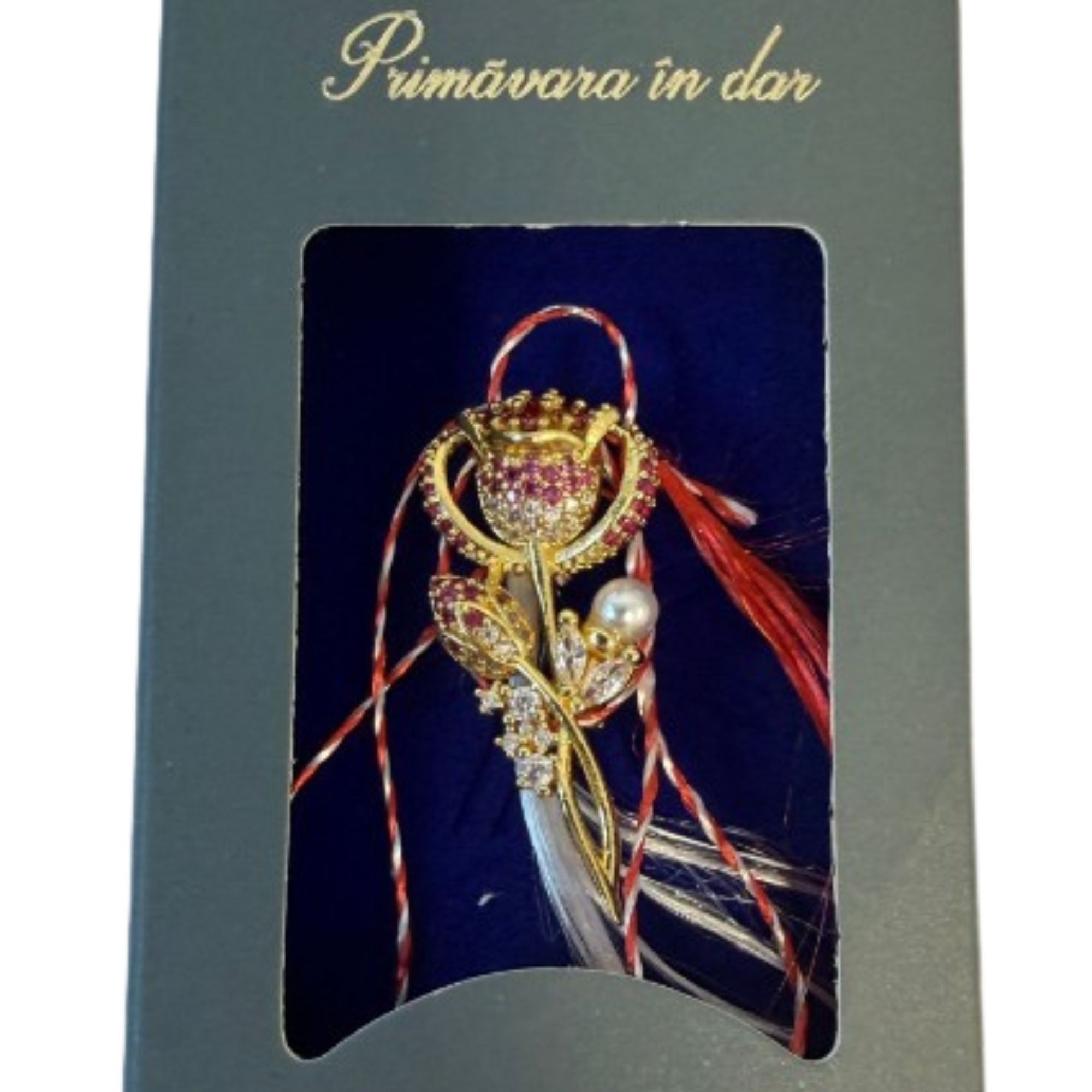 Martisor cu Brosa Placata cu Aur 24K, Ambalaj Carton cu Design, Material Metal, Model Floare, Dimensiune Brosa 2.5-3cm, Auriu/Roz