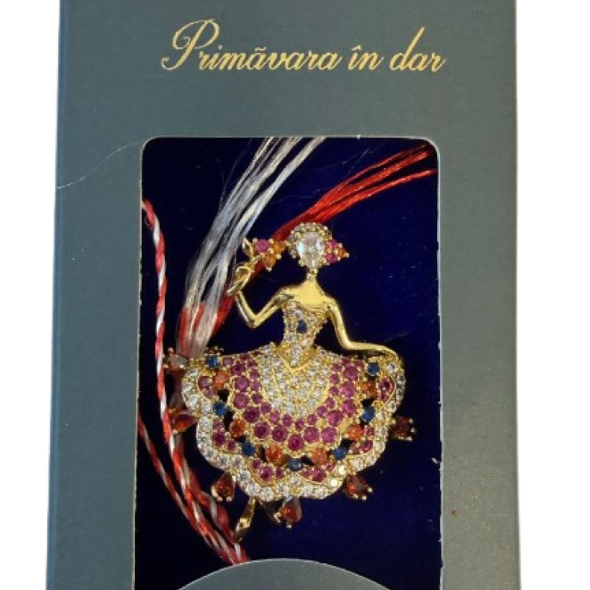 Martisor cu Brosa Placata cu Aur 24K, Ambalaj Carton cu Design, Material Metal, Model Balerina, Dimensiune Brosa 2.5-3cm, Auriu/Roz
