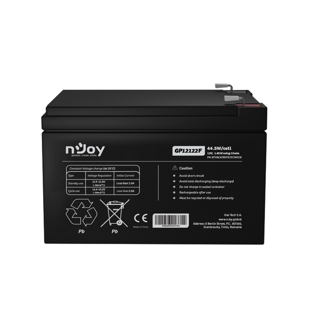 UPS- acumulatori Njoy GP12122F | Baterie UPS | 12 V | 12 A | Borne F2 | 44,5 W | 151 x 98 x 101 mm "BTVACATBDTE2FCW01B"