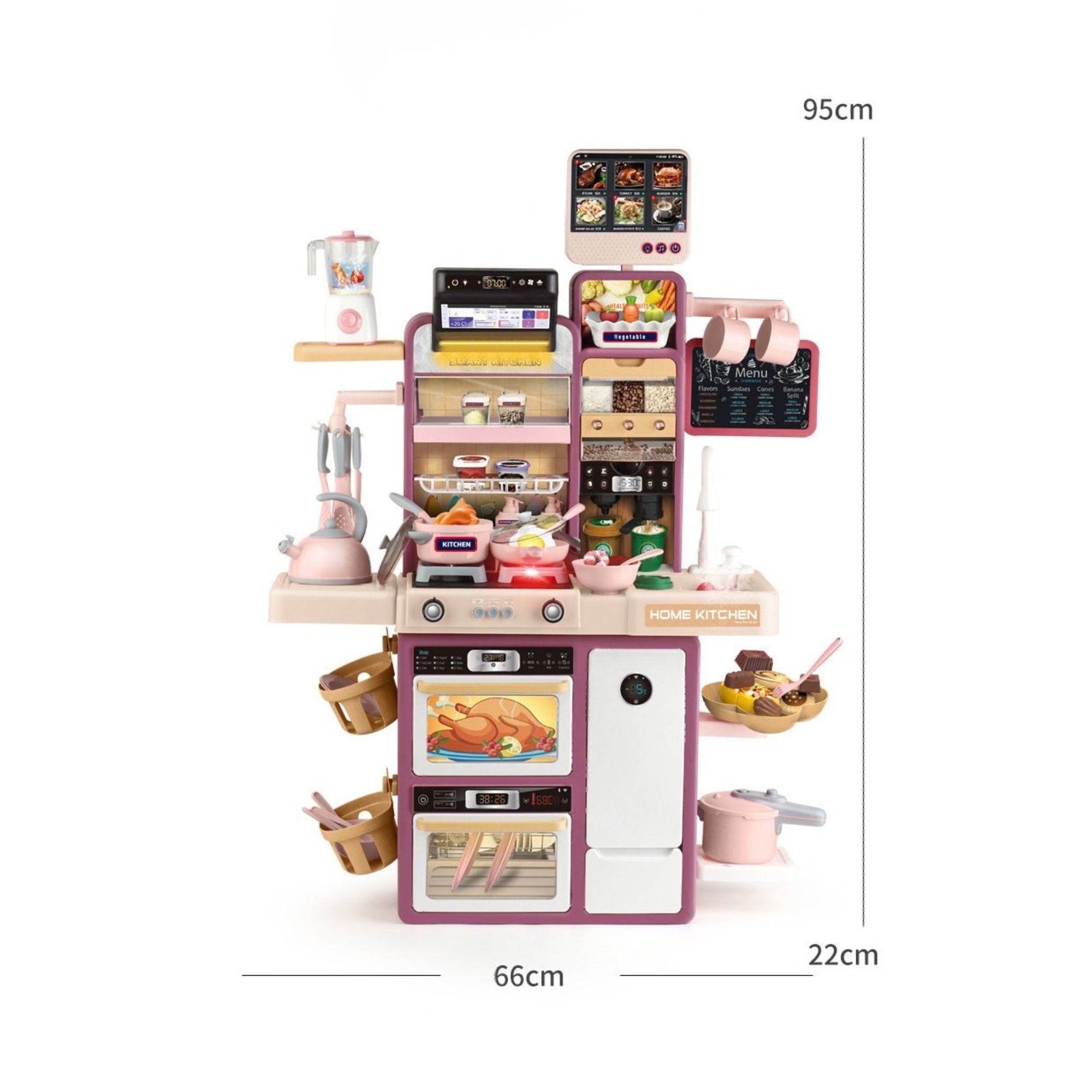Bucatarie pentru Copii, Jucarie Montessori, din Plastic Rezistent, Set de Joaca Educativ cu Electrocasnice, Ustensile, Alimente, Accesorii pentru Gatit, 68 x 23 x 93 cm, Alb/Mov