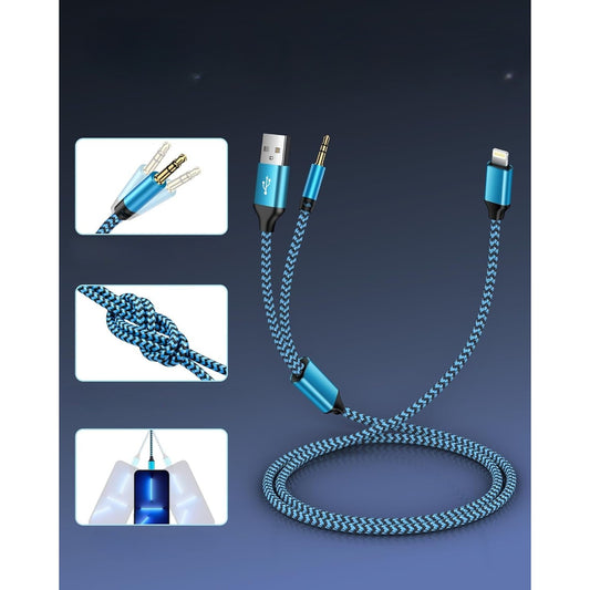 Cablu 2 in 1 Audio si Incarcare USB, Adaptor Jack 3.5 mm, Auxiliar Compatibil iPhone Flippy, Albastru