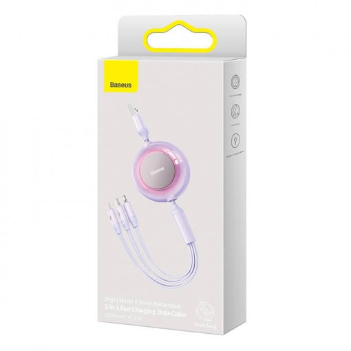 CABLU alimentare si date Baseus Bright Mirror 2, retractabil 3-in-1, pt smartphone,USB la Micro-USB+Lightning + USB Type-C 3.5A, 1.1m, violet "CAMJ010005" - 6932172609078