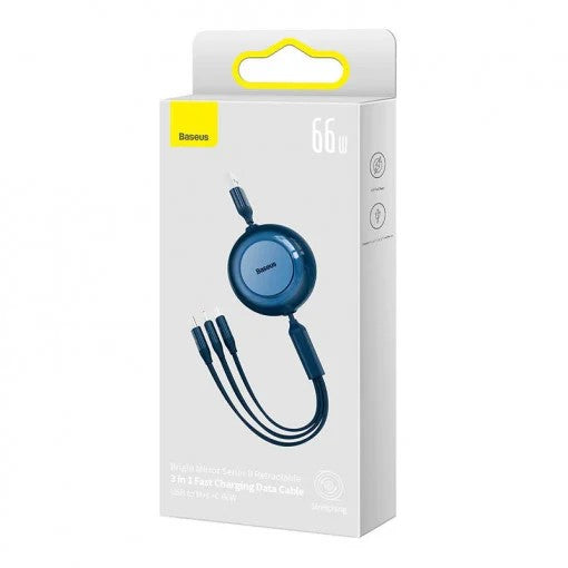 CABLU alimentare si date Baseus Bright Mirror One-for-three Retractable, pt smartphone,USB Type-C la Micro-USB+Lightning+USB Type-C 66W,1.1m,albastru "CAMJ010103" - 6932172609108