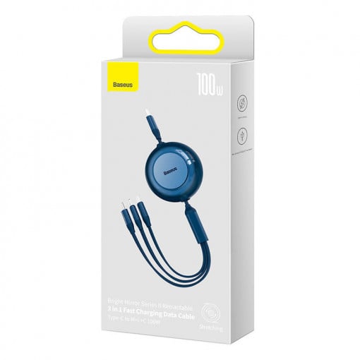 CABLU alimentare si date Baseus Bright Mirror 2, retractabil 3-in-1, pt smartphone,USB Type-C la Micro-USB + Lightning + USB Type-C 100W, 1.1m, albastru "CAMJ010203" - 6932172609146