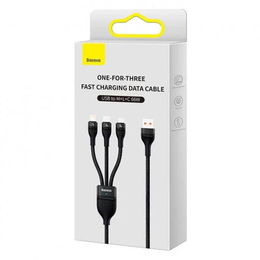 CABLU alimentare si date Baseus Flash, One-for-three Retractable, pt smartphone,USB la Micro-USB+Lightning + USB Type-C 66W, 1.2m, negru "CASS040001" - 6932172618100
