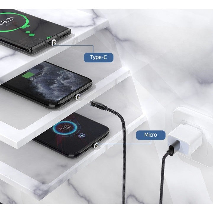 Cablu de incarcare magnetic 3 in 1 360 grade + 180 grade, 1 m, micro, type C, iPhone, 5 V, 2.1 A, Negru
