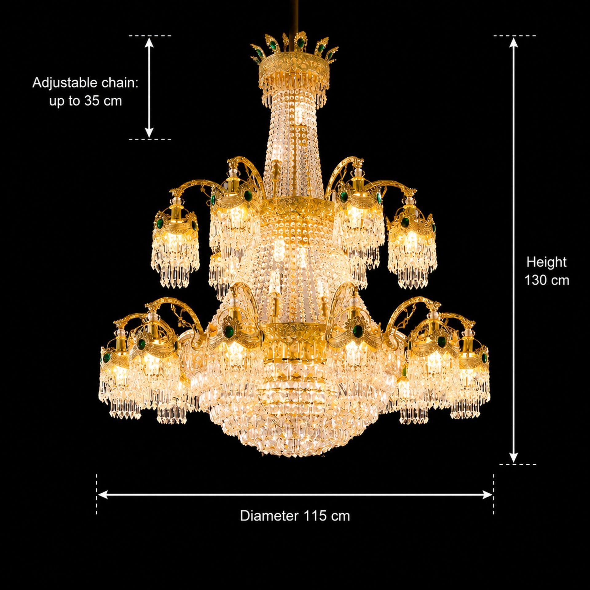 Candelabru Cristal, 31xE14, Diametru 115cm, Inaltime 130cm, Auriu Lucios, Inaltime Reglabila, Design Elegant