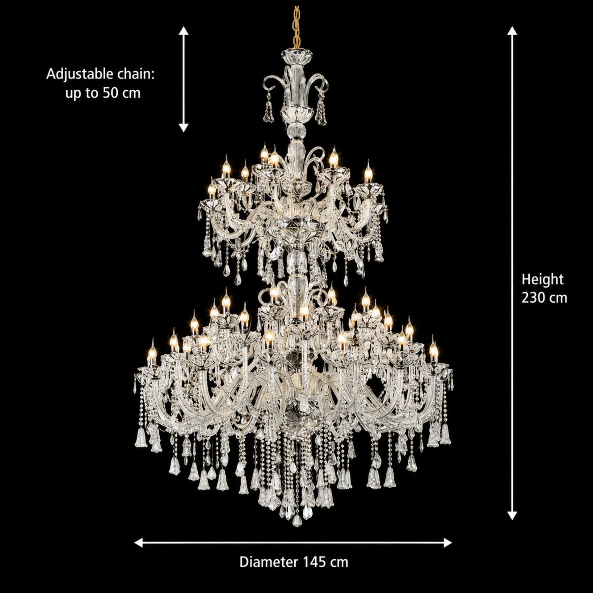 Candelabru Cristal, 55xE14, Diametru 145cm, Inaltime 230cm, Argintiu, Inaltime Reglabila, Design Elegant