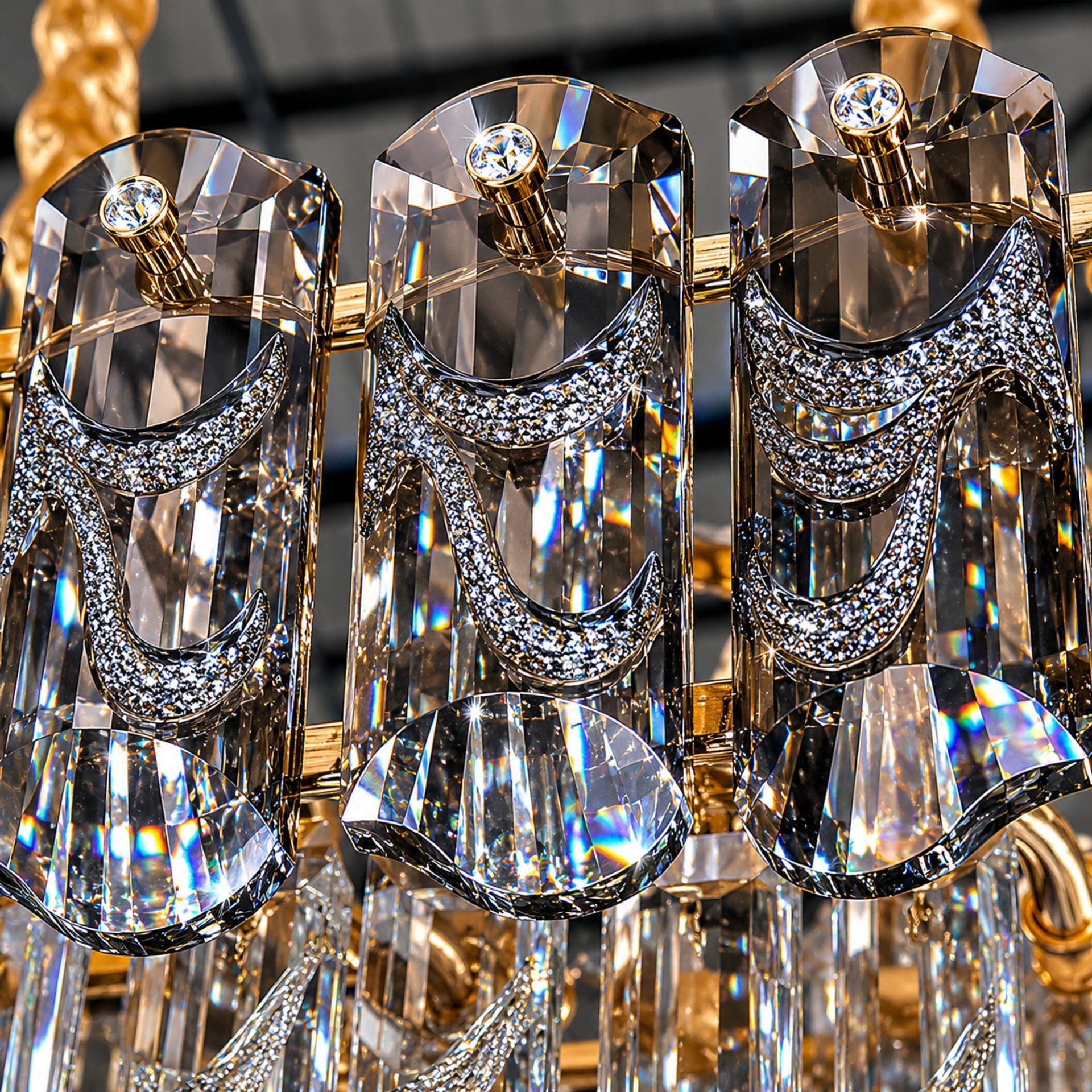Candelabru Cristal AURUM Petito 3xE14, Diametru 30cm, Inaltime 28cm, Auriu Lucios, Inaltime Reglabila, Design Elegant
