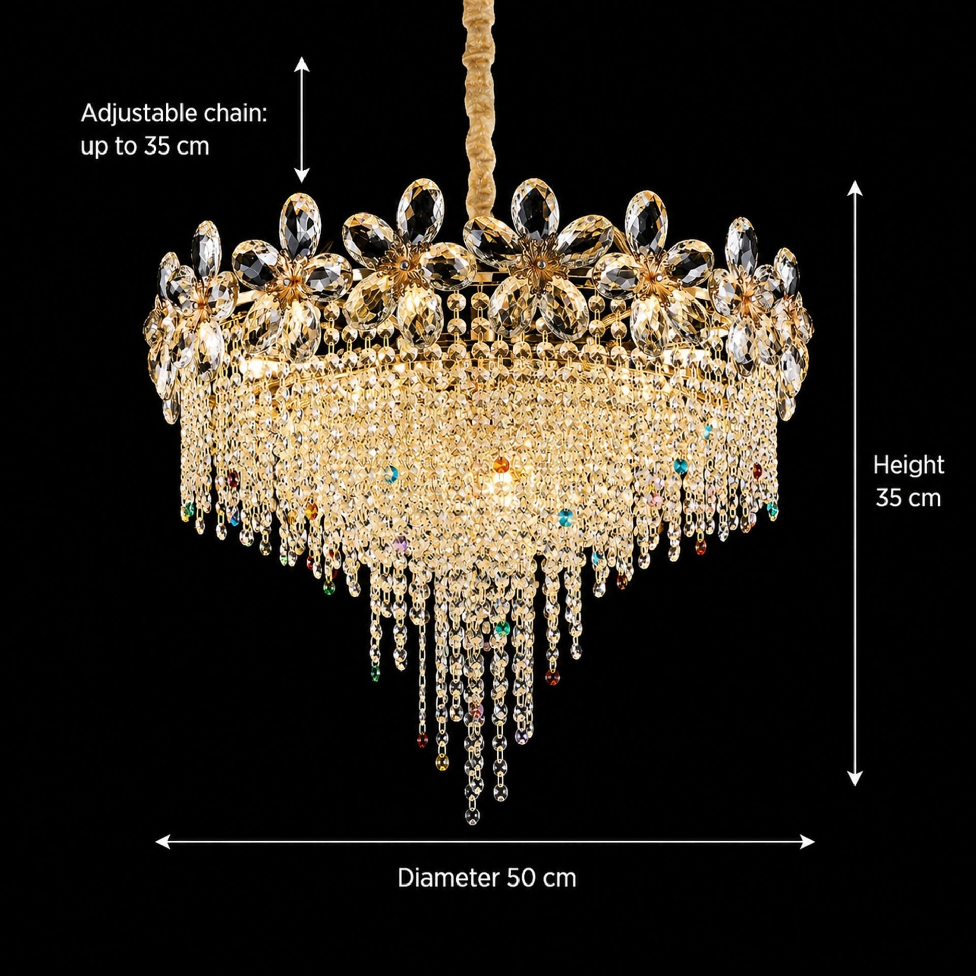 Candelabru Cristal BLOSSOM Eleganza, 6xE14, 50cm, Auriu Lucios, Inaltime Reglabila, Metal si Cristal