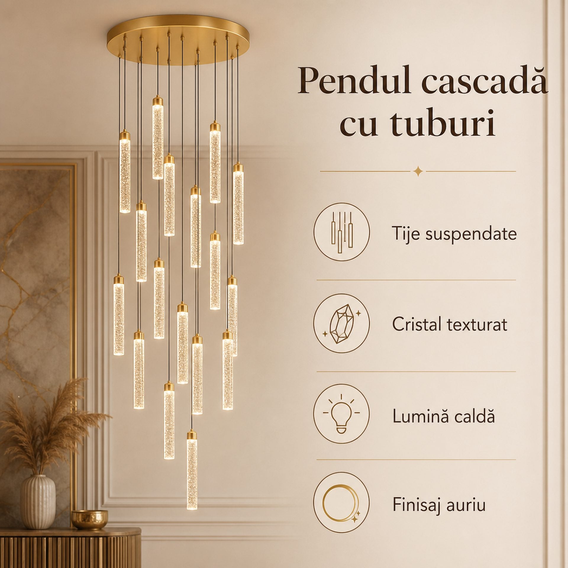 Candelabru Cristal LAGOM LED cu Telecomanda, Suspendat, 12 Surse, 36W, Diametru 40cm, Lumina Calda / Neutra / Rece, Inaltime Reglabila, Auriu, Metal si Cristal