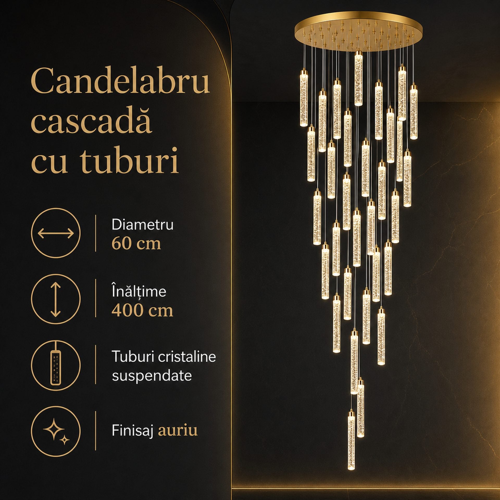Candelabru Cristal LAGOM LED cu Telecomanda, Suspendat, 30 Surse, 90W, Lumina Calda/Neutra/Rece, Diametru 60cm, Inaltime Reglabila, Auriu, Metal si Cristal
