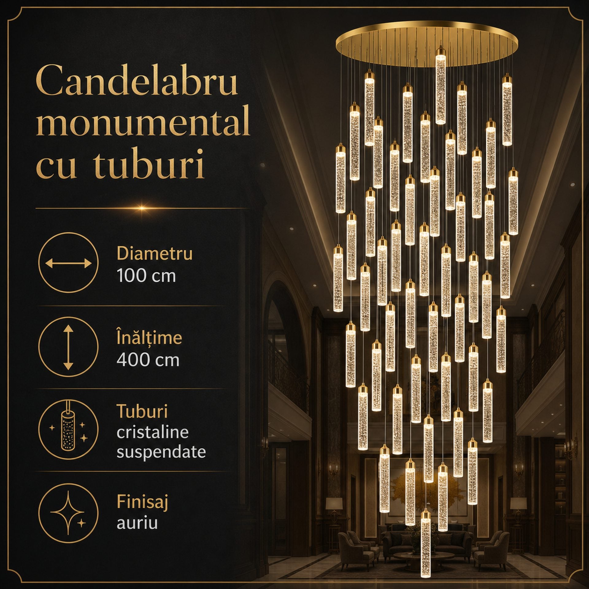 Candelabru Cristal LAGOM LED cu Telecomanda, Suspendat, 51 Surse, 153W, Lumina Calda/Neutra/Rece, Diametru 100cm, Inaltime Reglabila, Auriu, Metal si Cristal