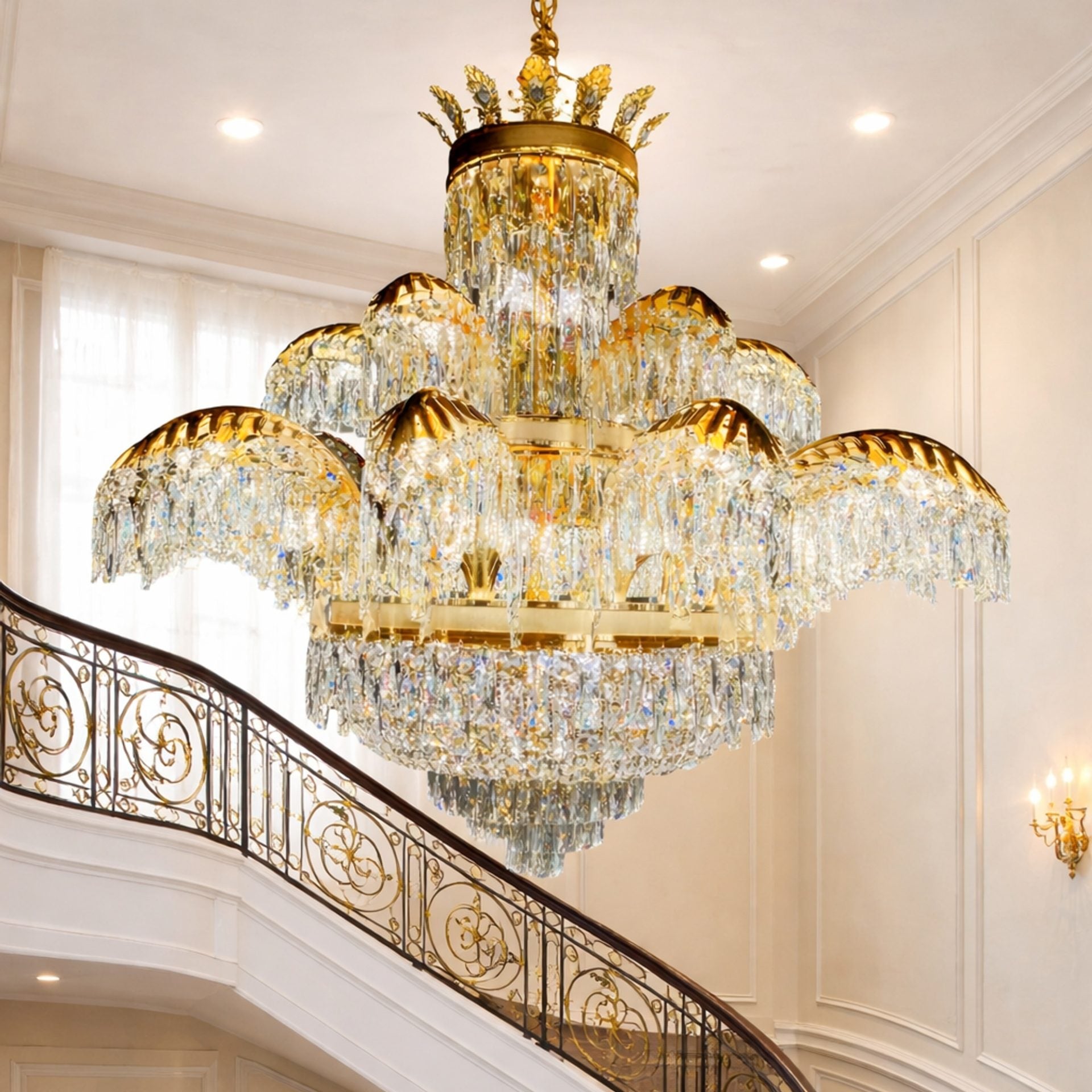 Candelabru Cristal PALACE Supremo 29xG9, D115cm, Auriu Lucios, Inaltime Reglabila, Metal si Cristal