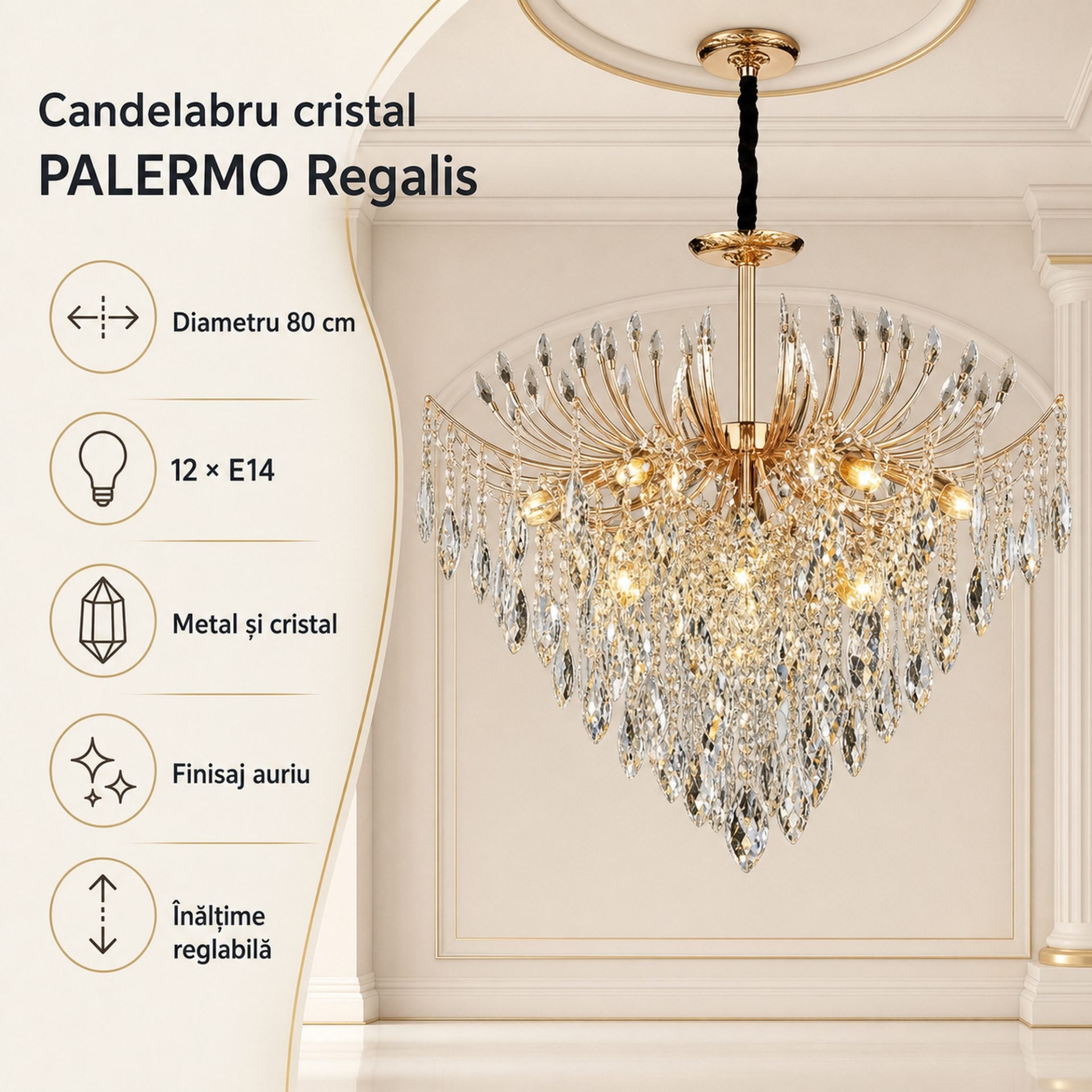 Candelabru Cristal PALERMO Regalis, 12x E14, Diametru 80cm, Auriu