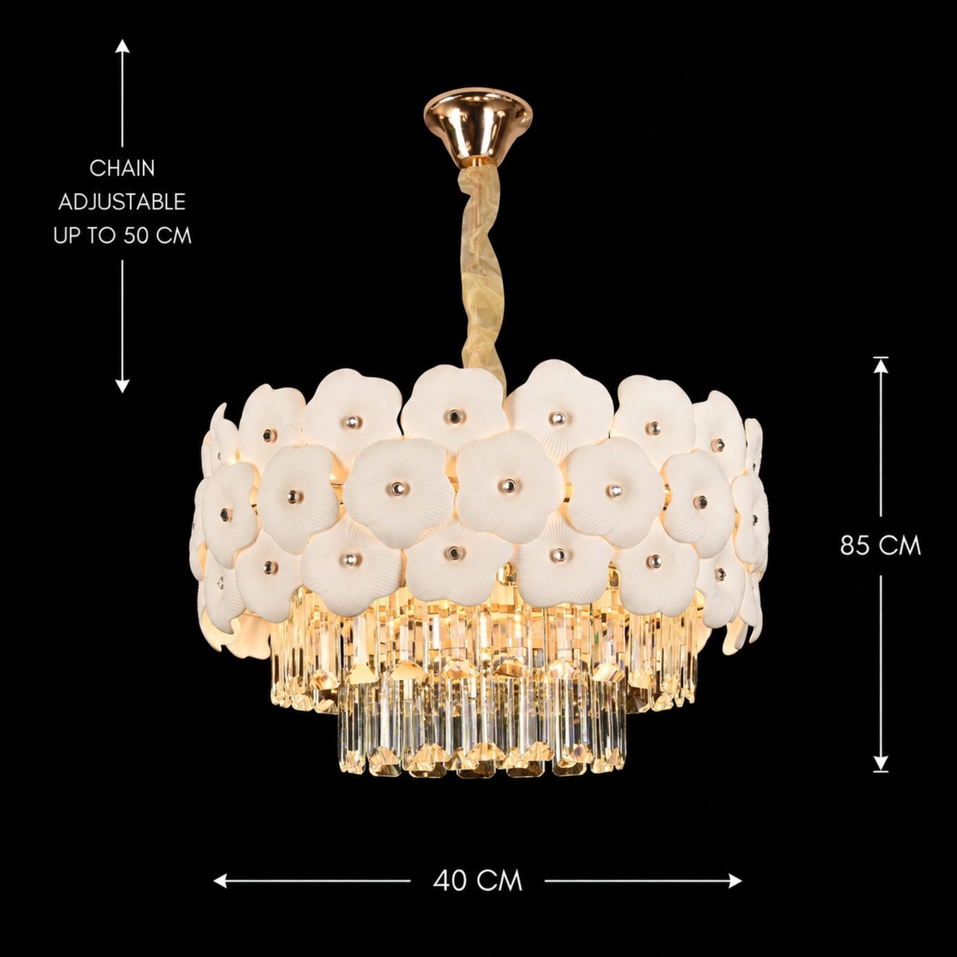 Candelabru Cristal PETAL Nobile 6xE14, D40 cm, Auriu, Inaltime Reglabila, Metal si Cristal