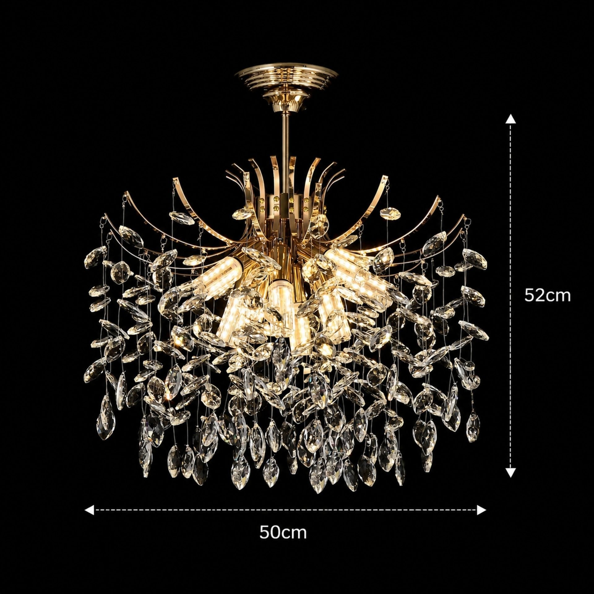 Candelabru Cristal PROWES Eleganza, 8xE14, D50 cm, Auriu, Inaltime Reglabila, Metal si Cristal