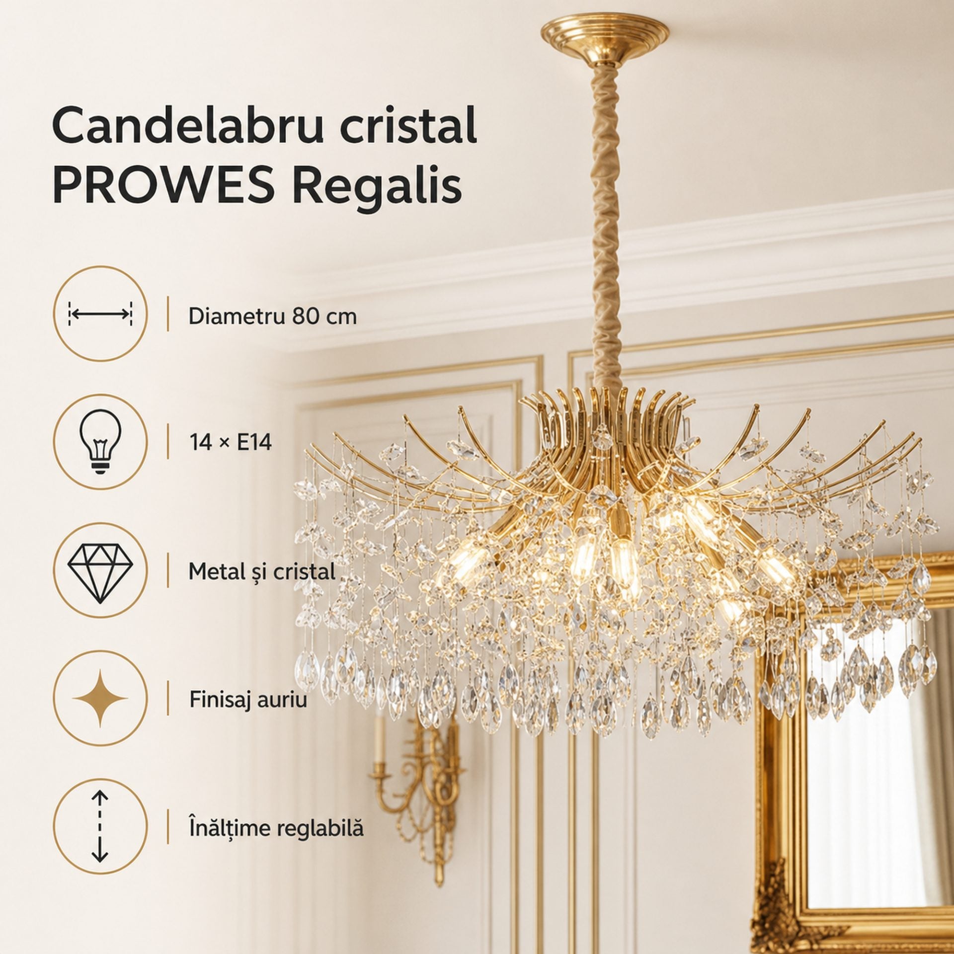 Candelabru Cristal PROWES Regalis, 14xE14, D80 cm, Auriu, Inaltime Reglabila, Metal si Cristal
