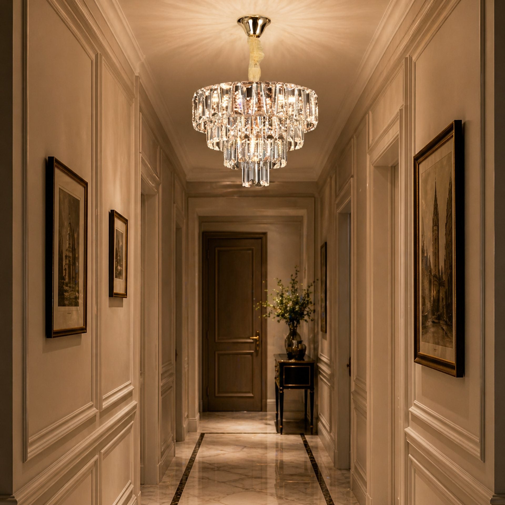Candelabru Cristal VALMONT Nobile 6xE14, D40 cm, Auriu, Inaltime Reglabila, Metal si Cristal