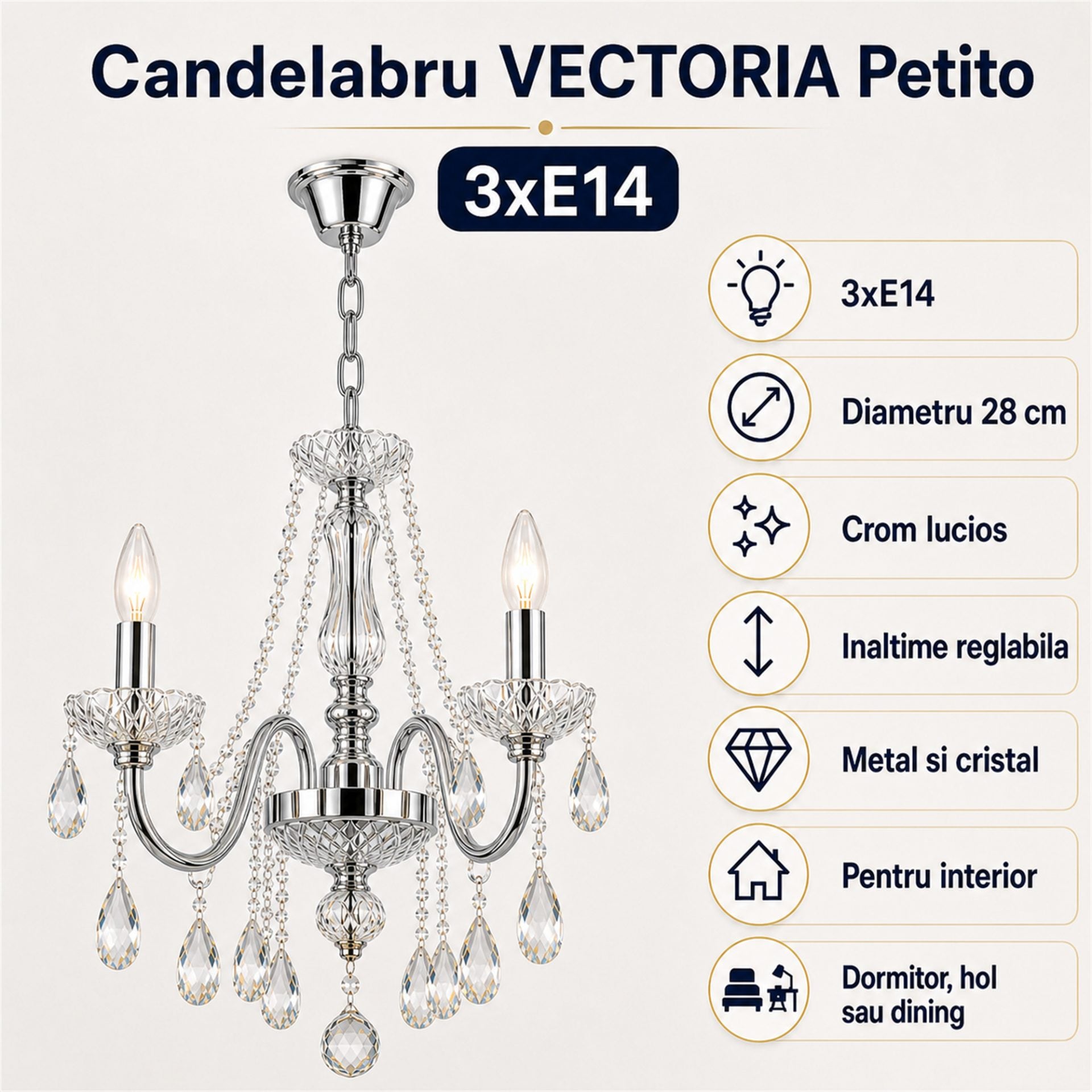 Candelabru Cristal VECTORIA Petito 3xE14, Diametru 28cm, Crom Lucios, Inaltime Reglabila, Metal si Cristal