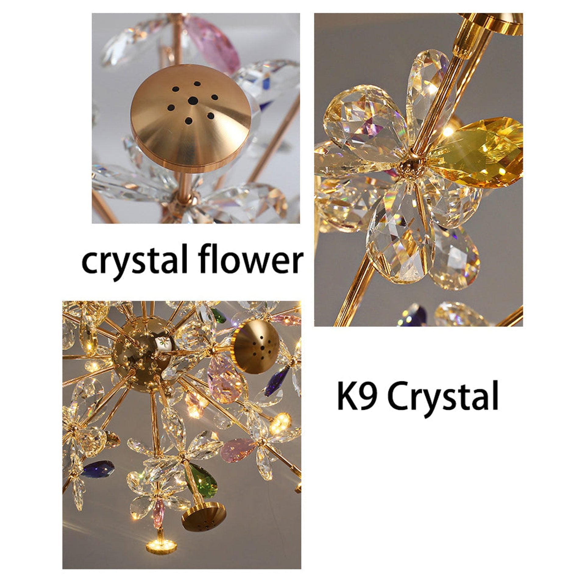 Candelabru Modern cu Cristal, FloraLux, 32xG4, Auriu si Cristale, 54.5cm, Inaltime Reglabila, Metal si Cristal