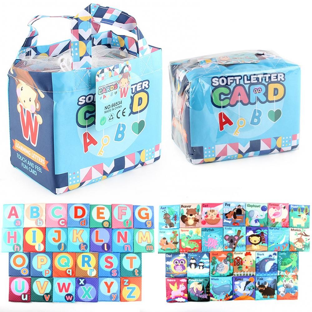 Set 26 Carduri din Panza cu Doua Fete, Model Litere, Educational, Interactiv, Saculet Inclus, Multicolor