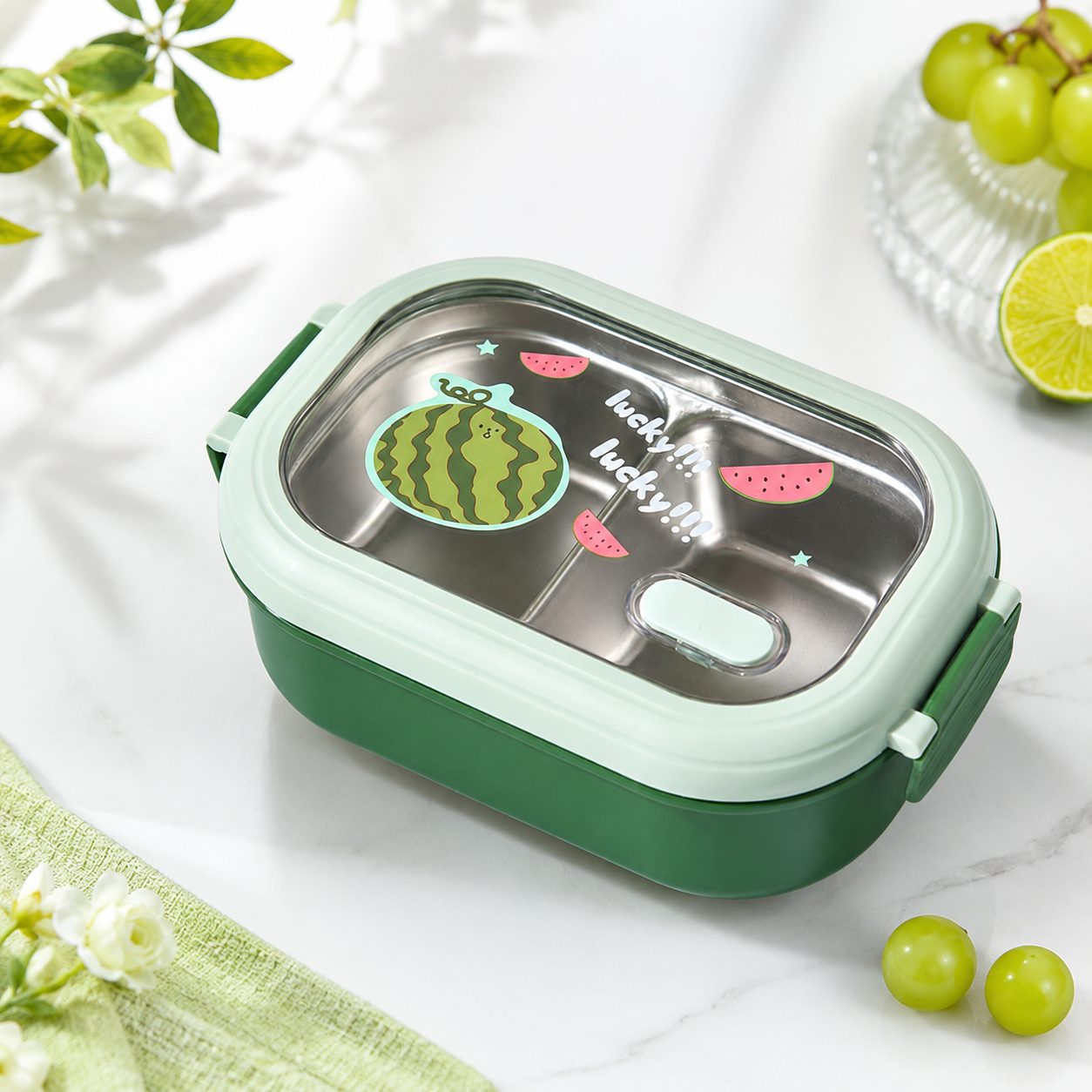 Caserola Container pentru Pranz, Caserola LUNCH BOX pentru Studenti, din Plastic PP, pentru Scoala, Compartiment Metalic in Interior, 22.5 x 14.5 x 8 cm, Verde
