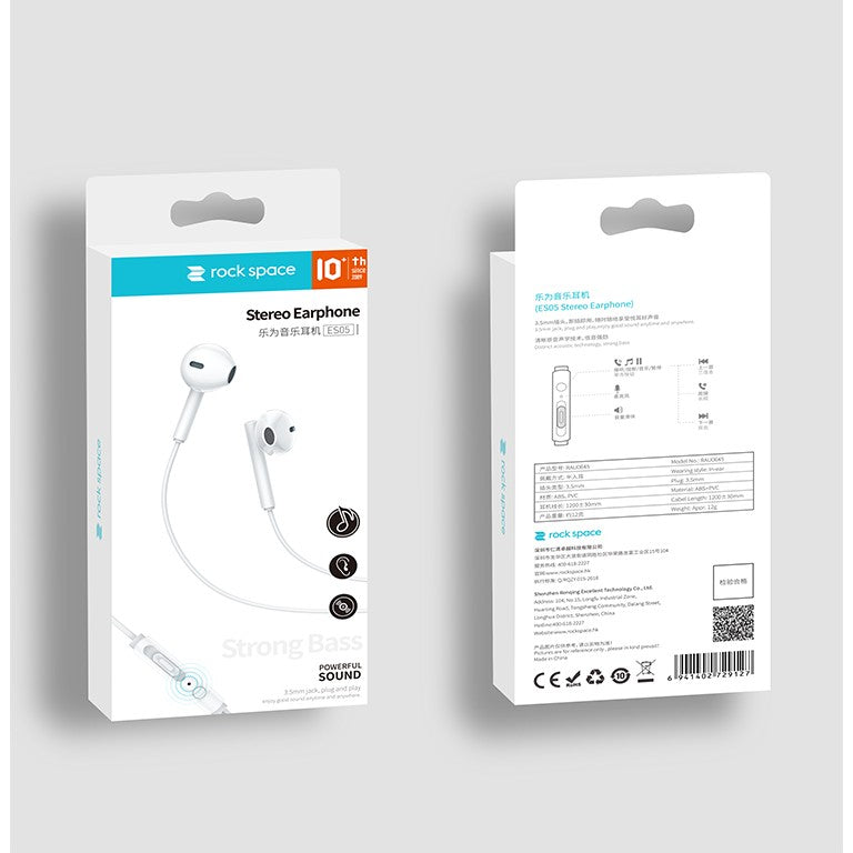 Casti Audio Stereo In-Ear, cu Microfon si cu Port Jack 3,5 mm, 1m,telecomanda pentru apeluri/volum, Rock ES05 Blister, Alb
