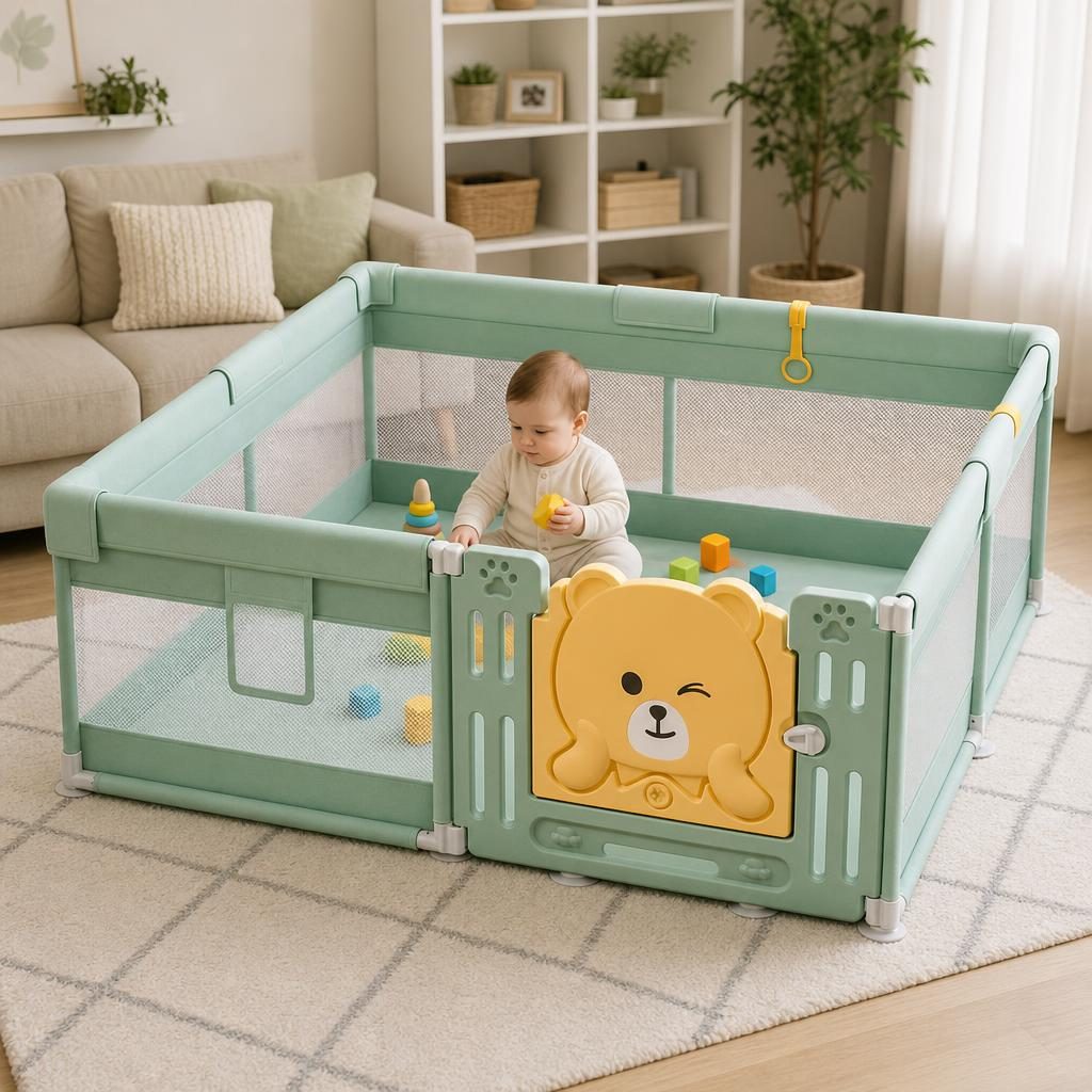 Tarc de Joaca pentru Bebelusi cu Poarta de Siguranta, DNT-147, 200 x 180 x 65 cm, pana la 3 ani, Spatiu de Joaca pentru Interior/Exterior, Portabil pentru Curte, Plasa Respirabila, ABS Poiester, Verde