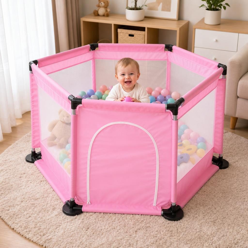 Tarc de Joaca si Siguranta pentru Copii DNT-104, Dimensiuni 130 x 115 x 65 cm, Structura de Protectie pentru Interior, Roz deschis