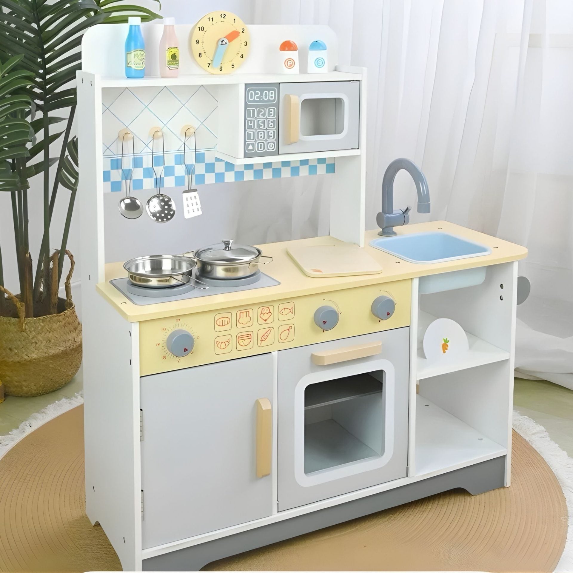 Bucatarie Multifunctionala pentru Copii, Stil Montessori, Set Complet din Lemn, Include Plita, Cuptor, Chiuveta, Spatiu de Depozitare, 76.6 x 69 cm, Gri/Multicolora