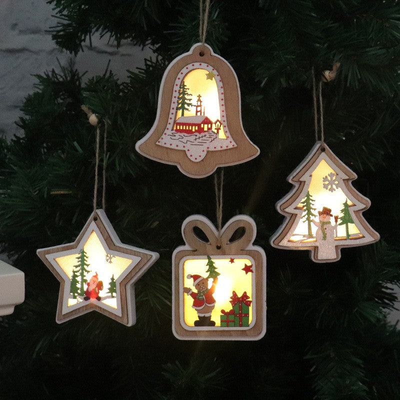 Ornament de Brad, cu Lumini LED, din Lemn, Model Cadou, Multicolor