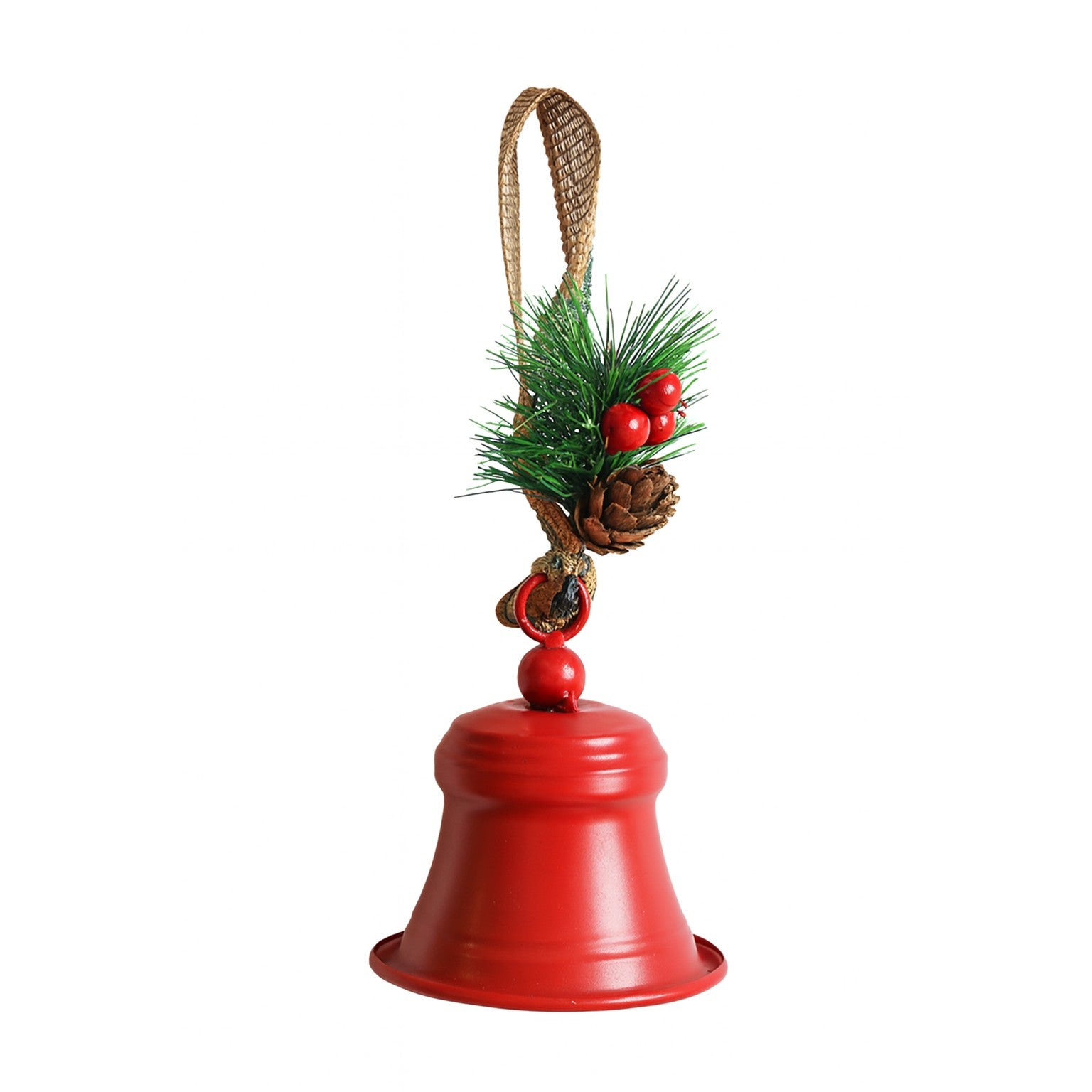 Clopot decorativ pentru Brad Craciun, Clopot din Metal cu Funda si Crenguta de Brad pentru Decoratiune de Craciun, 10 x 8 x 8 cm, Rosu