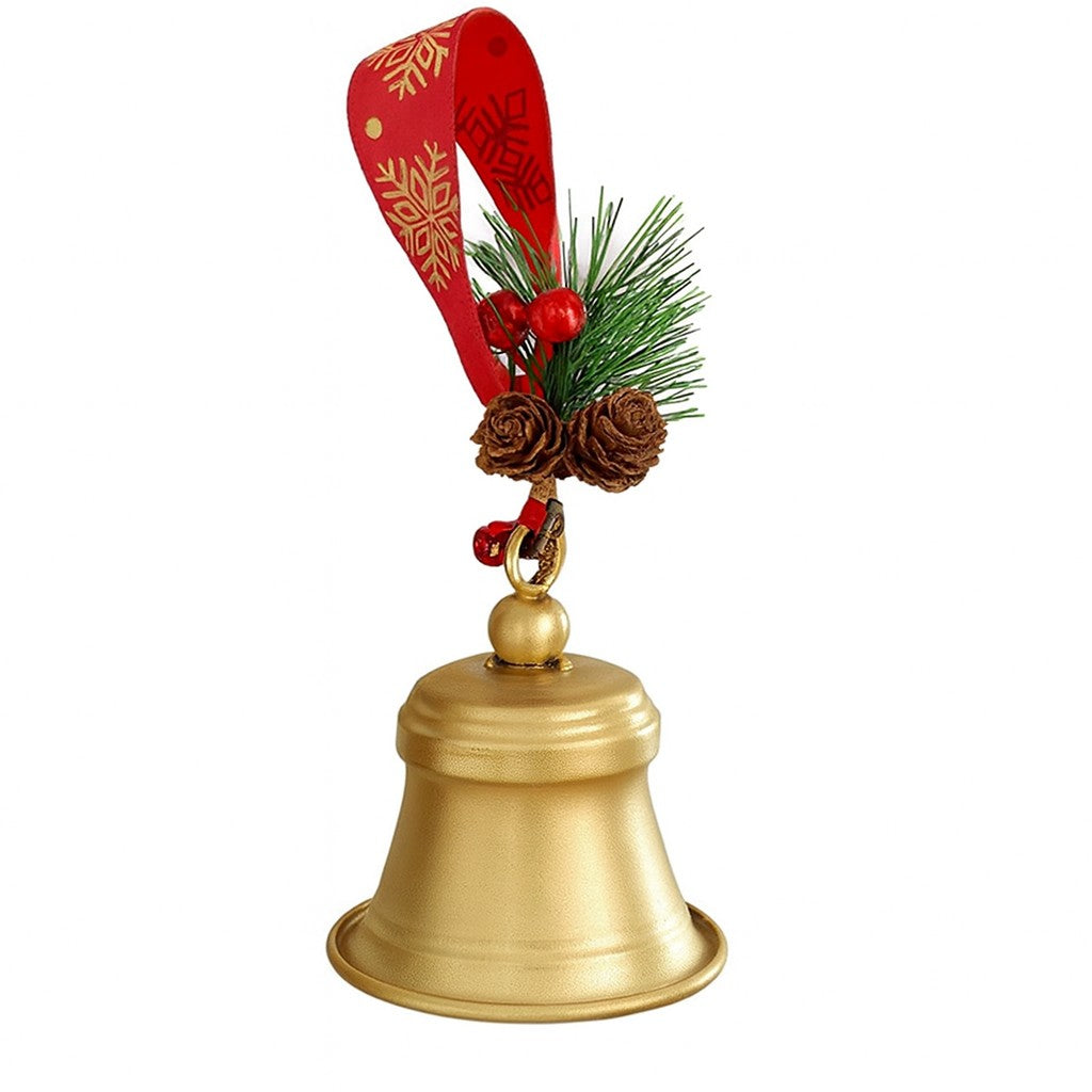 Clopot decorativ pentru Brad Craciun, Clopot din Metal cu Funda si Crenguta de Brad pentru Decoratiune de Craciun, 10 x 8 x 8 cm, Auriu
