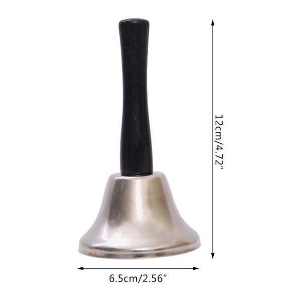 Clopotel de mana, argintiu, metalic, maner de lemn, lungime 12 cm, diametru 6.5 cm