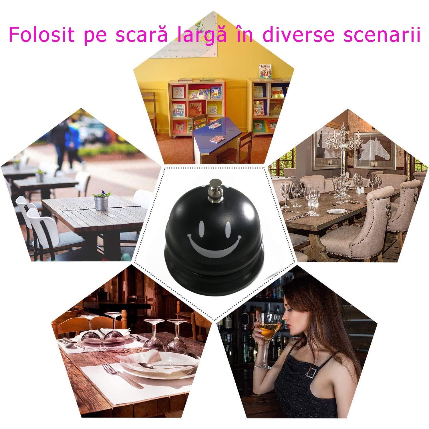 Clopotel Metalic Multifunctional, Negru cu Imprimeu Smiley Face, 7.5x7.5x6.5 cm, Receptie, Restaurant, Cafenele