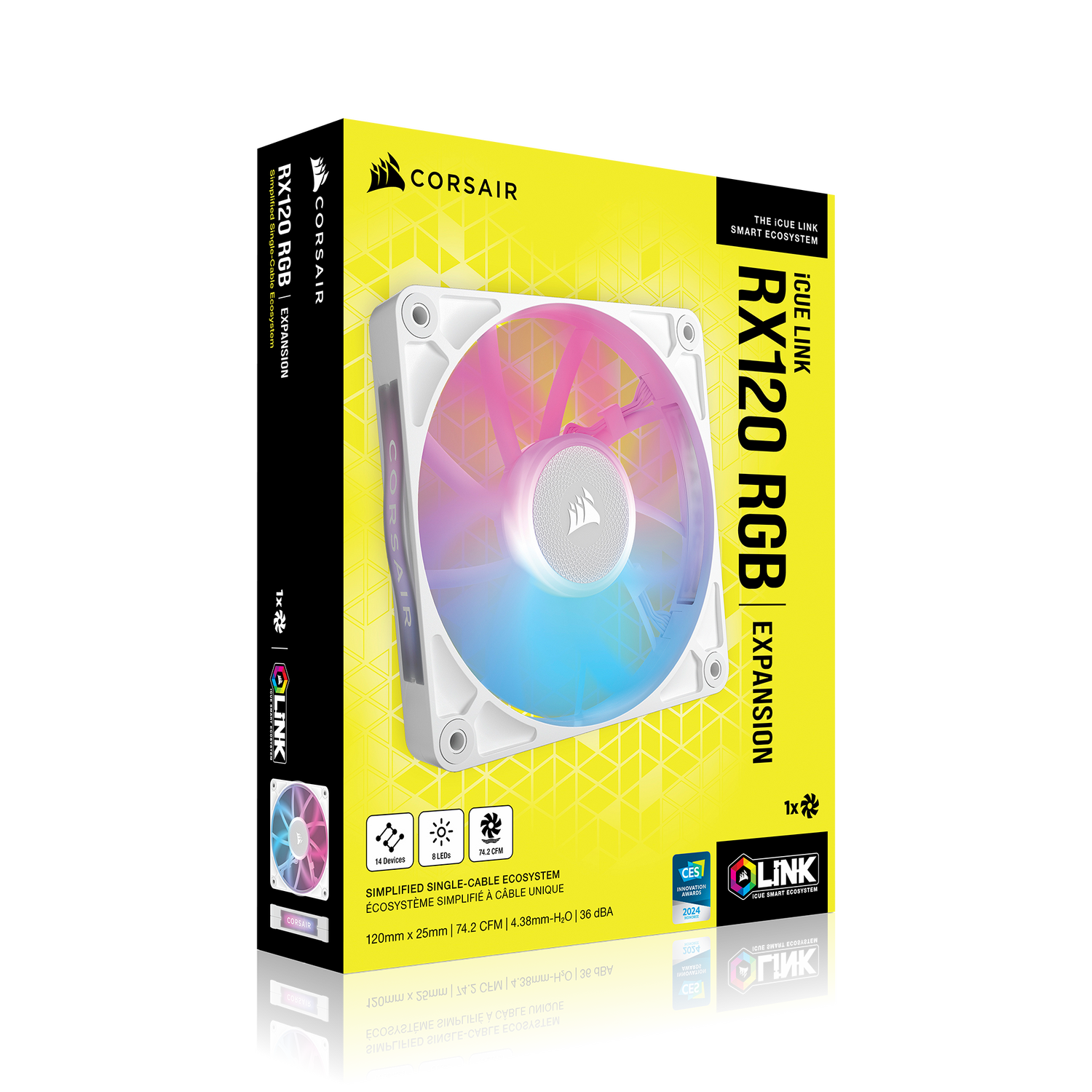 VENTILATOR Corsair iCUE LINK RX120 RGB ALB, viteza 0.400-2100 RPM +/- 10%, 10.5-74.2 CFM, Presiune Statica: 0.12-4.38 mm-H2O, 10-36dBA, Prindere magnetica, Lungime cablu 135mm "CO-9051021-WW"