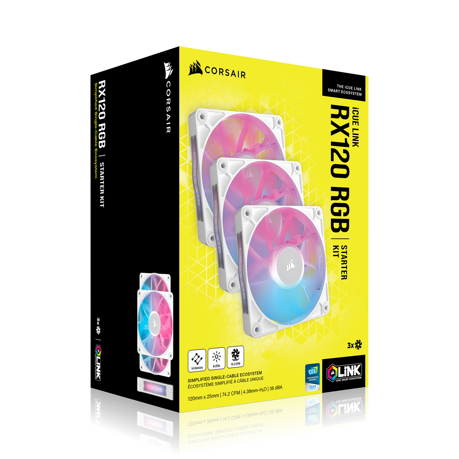 VENTILATOR Corsair iCUE LINK RX120 3x120mm RGB ALB, 0.400-2100 RPM +/- 10%, 10.5-74.2 CFM, Presiune Statica: 0.12-4.38 mm-H2O, 10-36dBA, Prindere magnetica, Lungime cablu 135mm, 600mm "CO-9051022-WW"