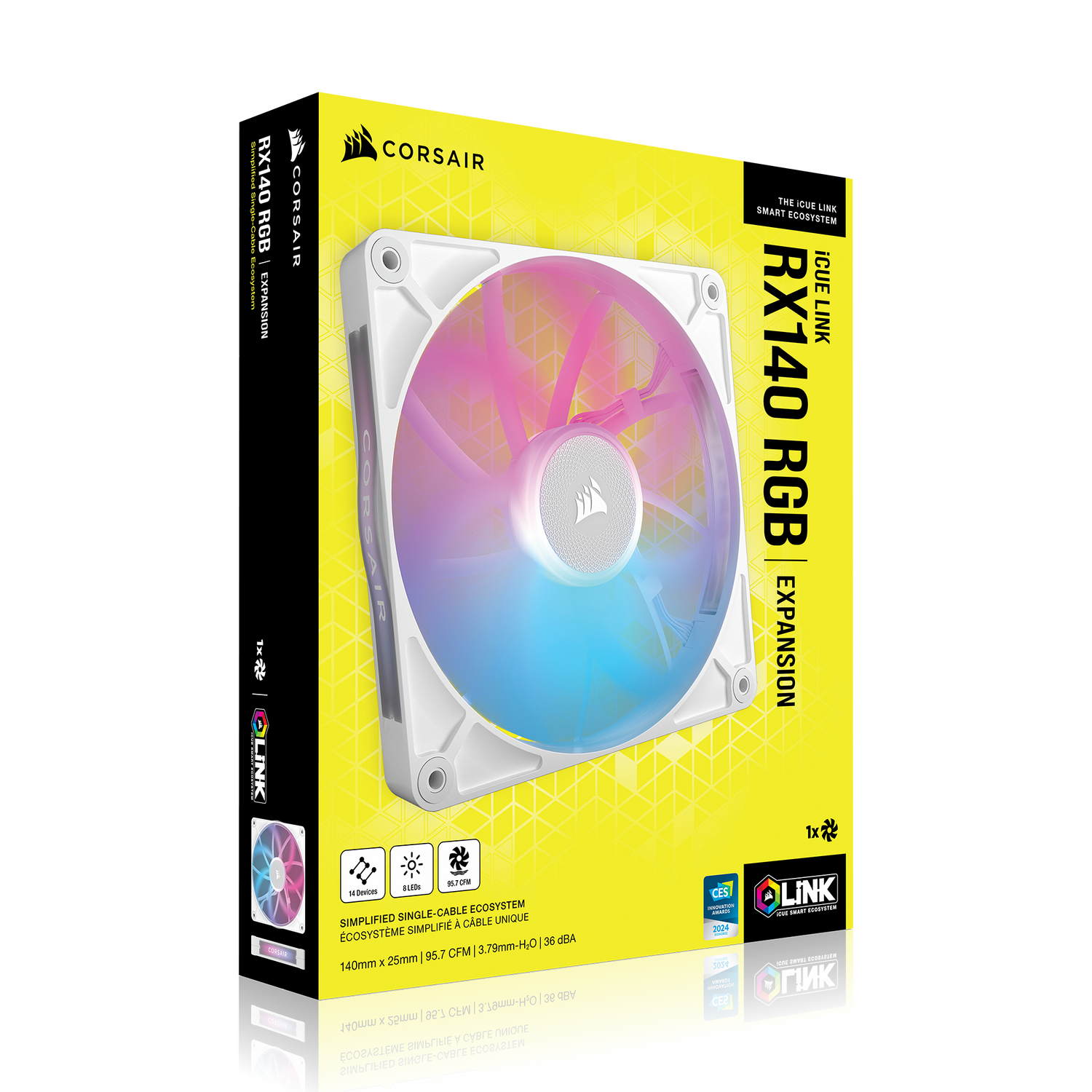 VENTILATOR Corsair iCUE LINK RX140 1x140mm RGB ALB, viteza 0.300-1700 RPM +/- 10%, 18.1-95.7 CFM, Presiune Statica: 0.15-3.79 mm-H2O, 10-36dBA, Prindere magnetica, Lungime cablu 135mm "CO-9051023-WW"