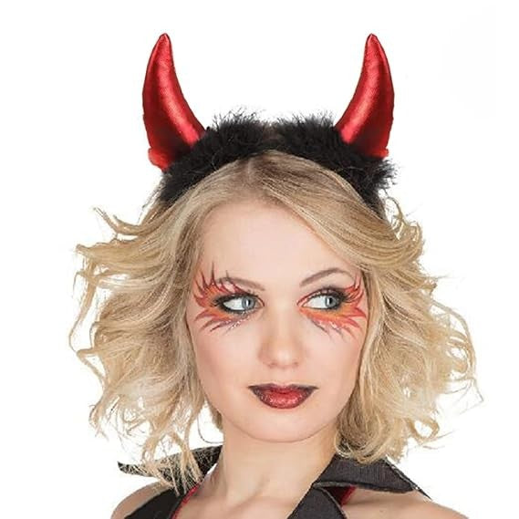 Coronita Deghizare, Model Cornite Devil, Rosu Satinat cu Puf Negru, Marime Universala