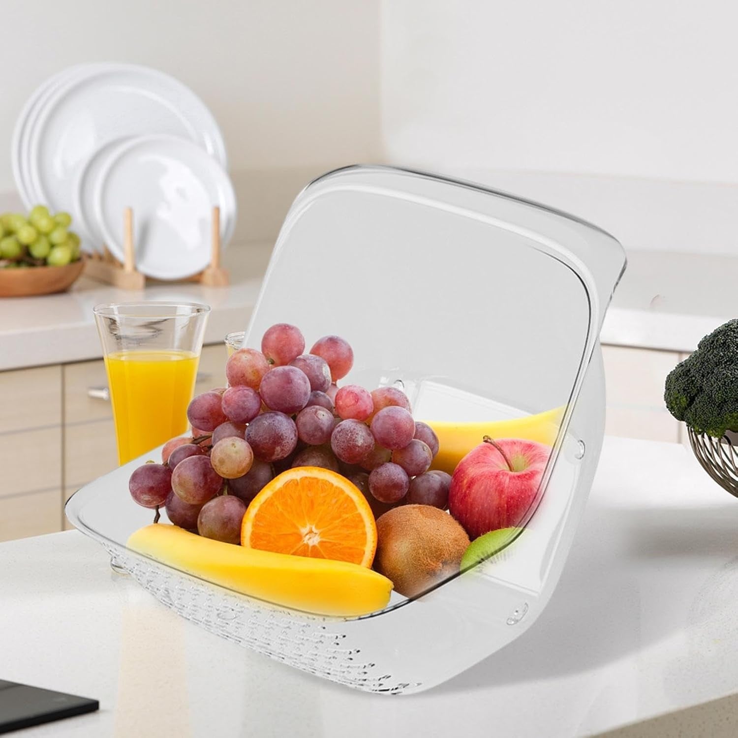 Cos de Spalat Legume/Fructe, cu Scurgere Apa, din PET, 15.5 x 18.6 x 16.2 cm, Transparent