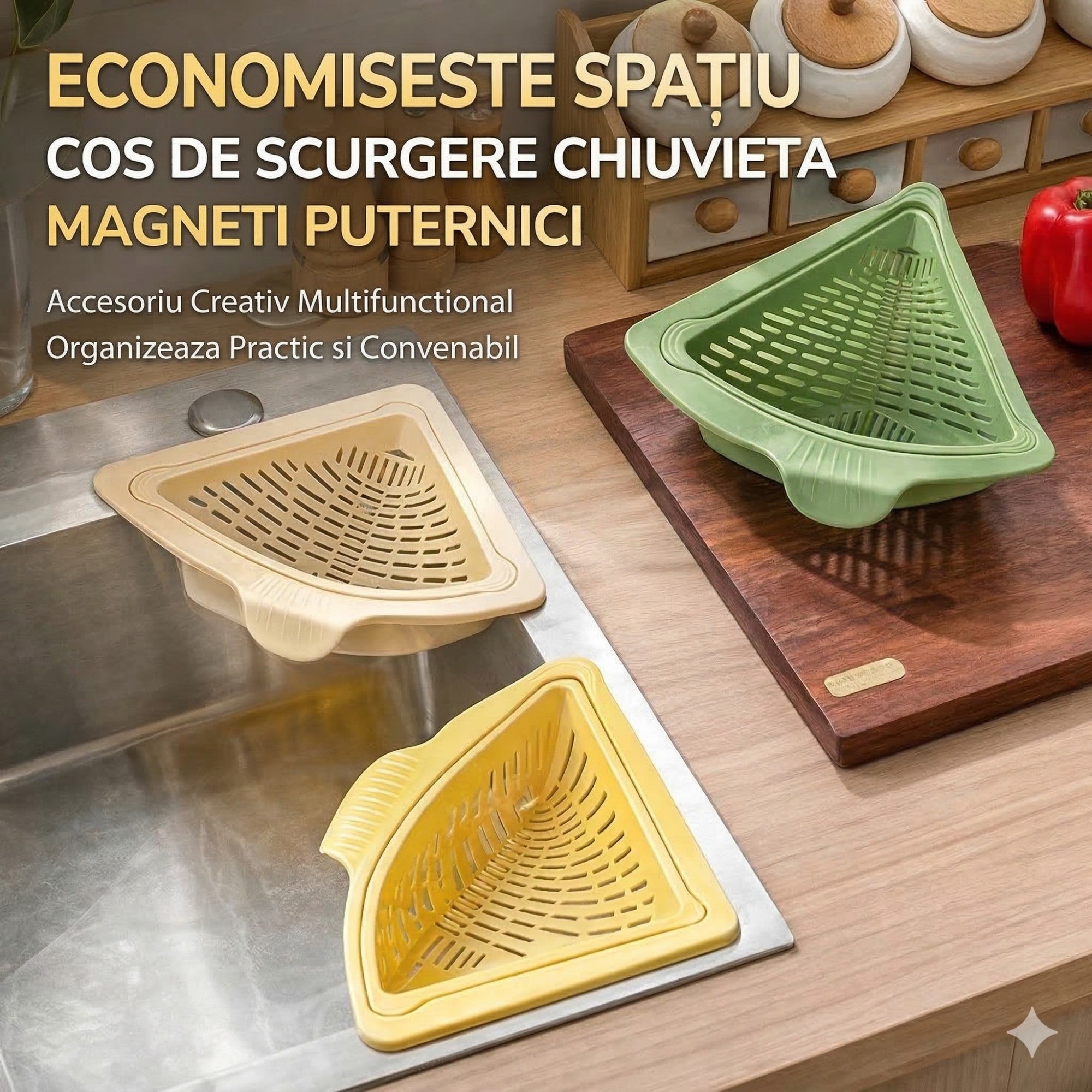 Cos Scurgere Chiuveta, Strecuratoare Triunghiulara pentru Bucatarie, Suport Depozitare, Cos Perforat, Clatire cu Jet de Apa, 23 x 9.5x 6 cm, Crem