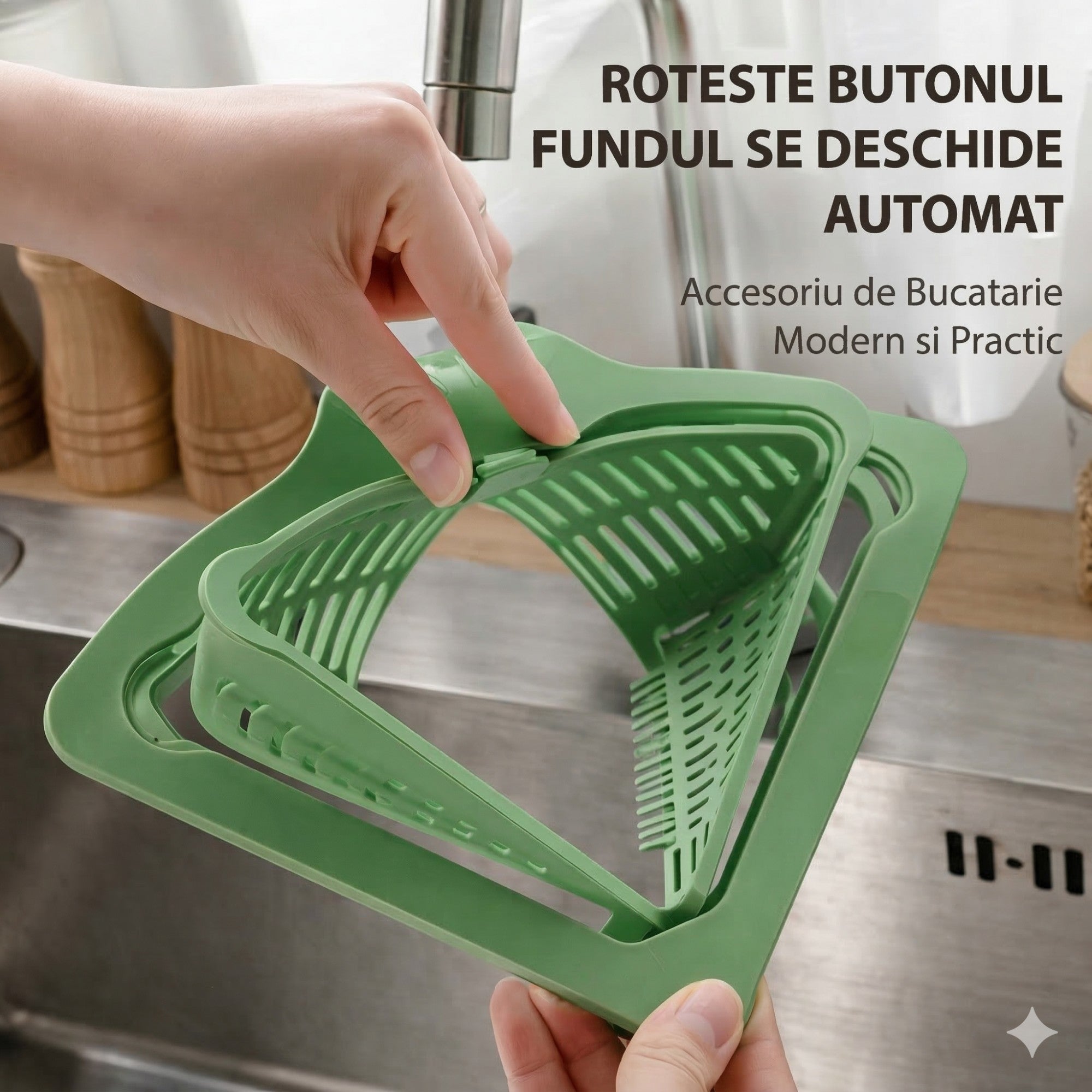 Cos Scurgere Chiuveta, Strecuratoare Triunghiulara pentru Bucatarie, Suport Depozitare, Cos Perforat, Clatire cu Jet de Apa, 23 x 9.5x 6 cm, Verde
