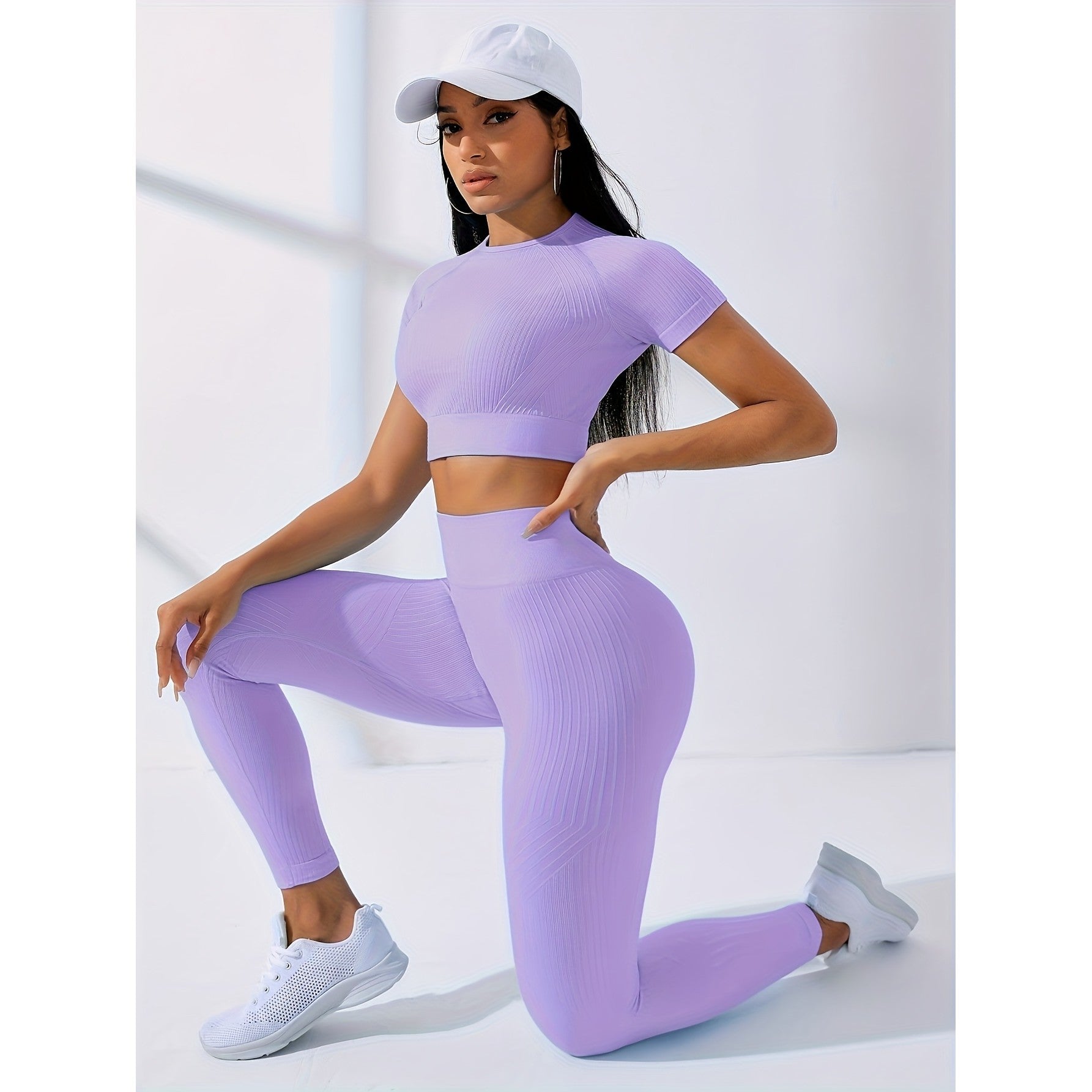 Costum pentru Fitness/Yoga, pentru Femei, Material Elastic, Spandex, Talie Inalta, Mov, Marime L