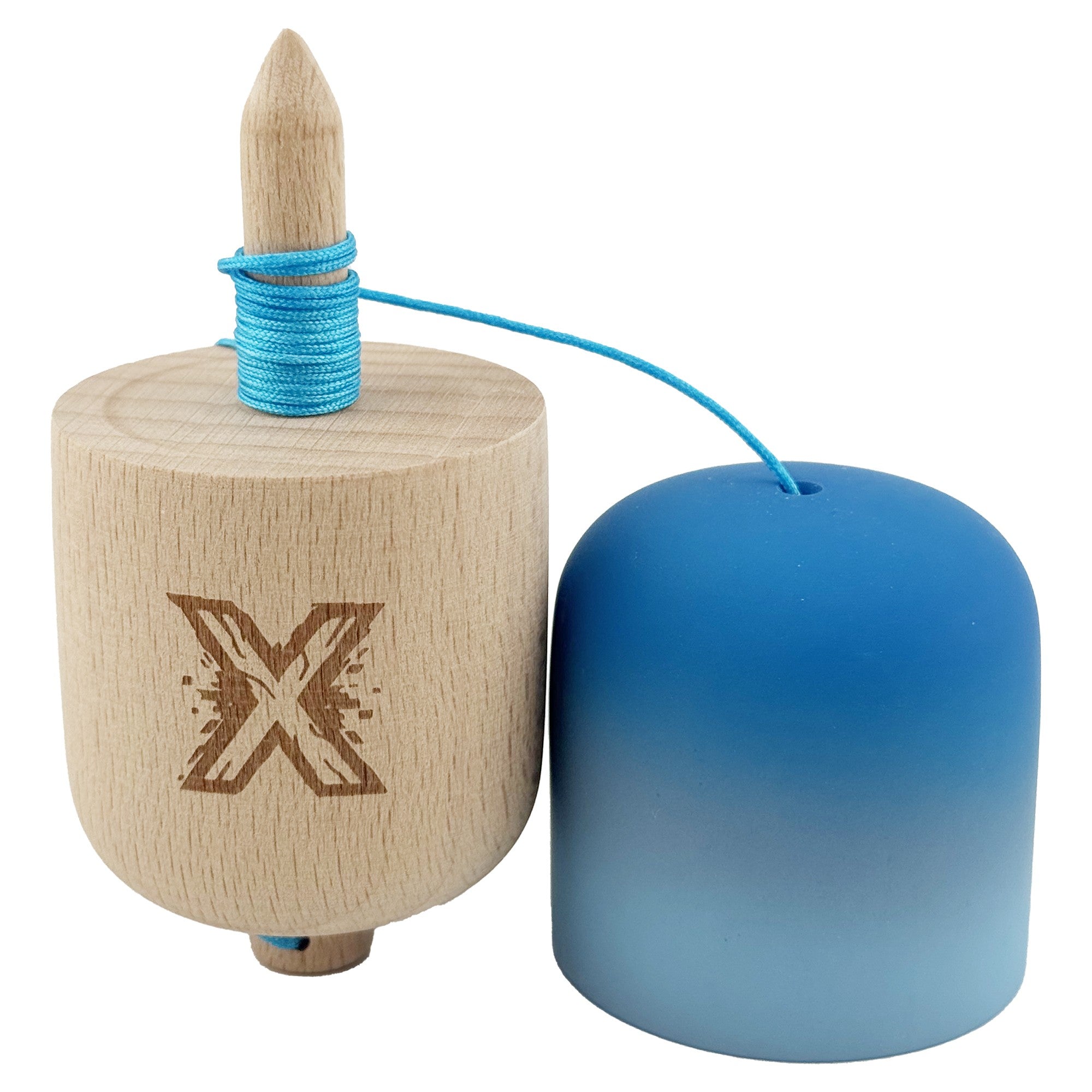 Kendama Pill X Originala, Profesionala Model Rubber Grip Pilula, din Lemn, Varsta 9+, Ata 62/65 cm, 11 x 5 x 5 cm, Gradient Albastru/Albastru deschis