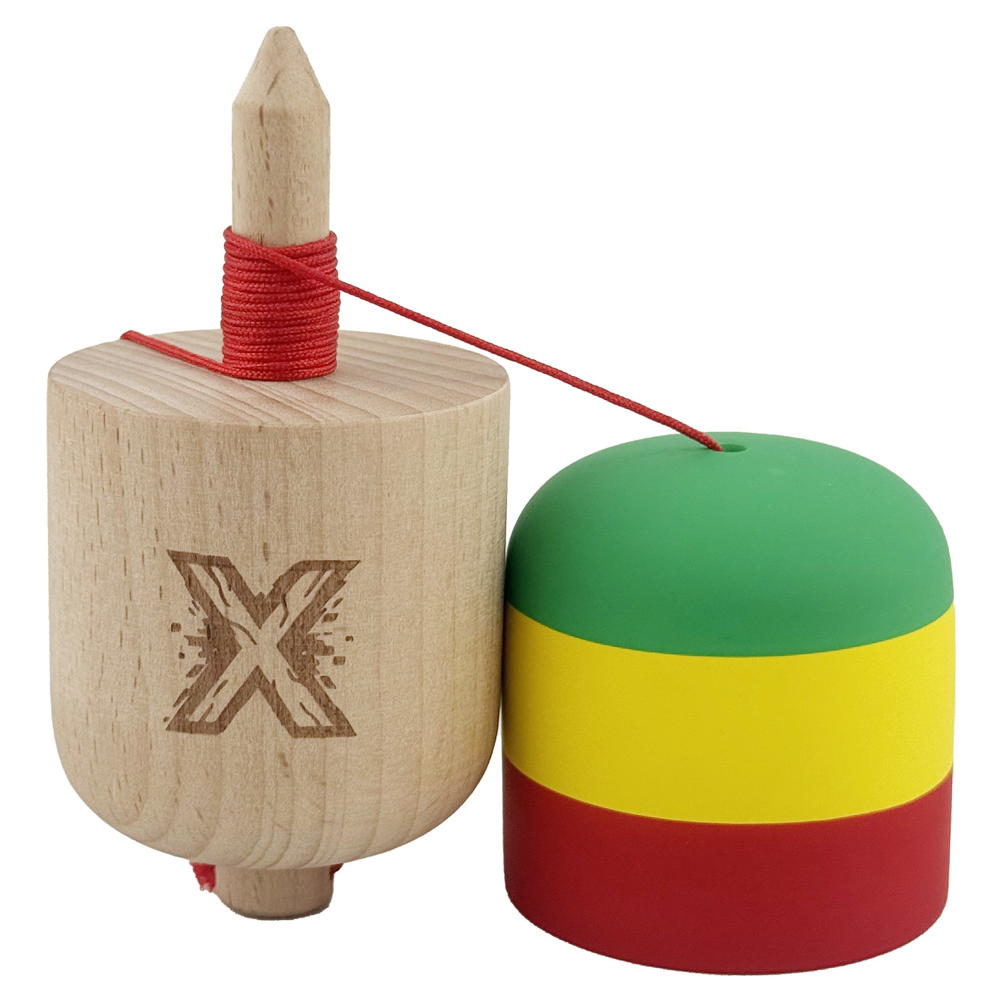 Kendama Pill X Originala, Profesionala Model Rubber Grip Pilula, din Lemn, Varsta 9+, Ata 62/65 cm, 11 x 5 x 5 cm, Verde/Galben/Rosu